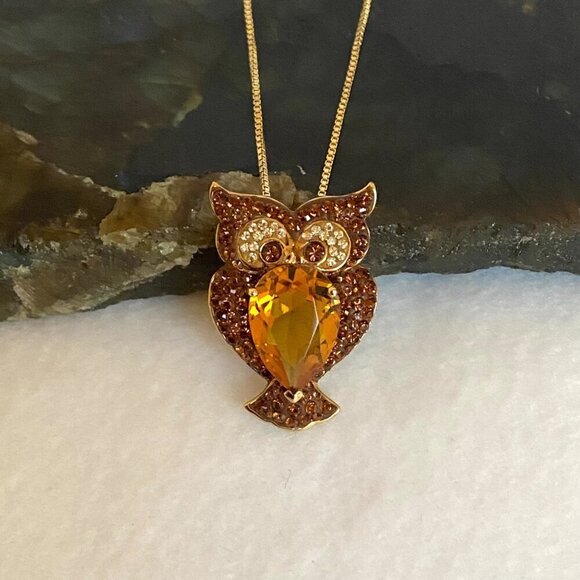 Gold Vermeil Sterling Silver 925 Brown Orange Rhinestone Owl Pendant Necklace - Picture 11 of 16